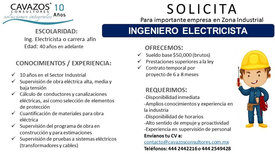 VACANTE DE INGENIERO ELECTRICISTA